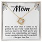 Elegant yellow gold necklace with a knot pendant and a message of gratitude to a mom.
