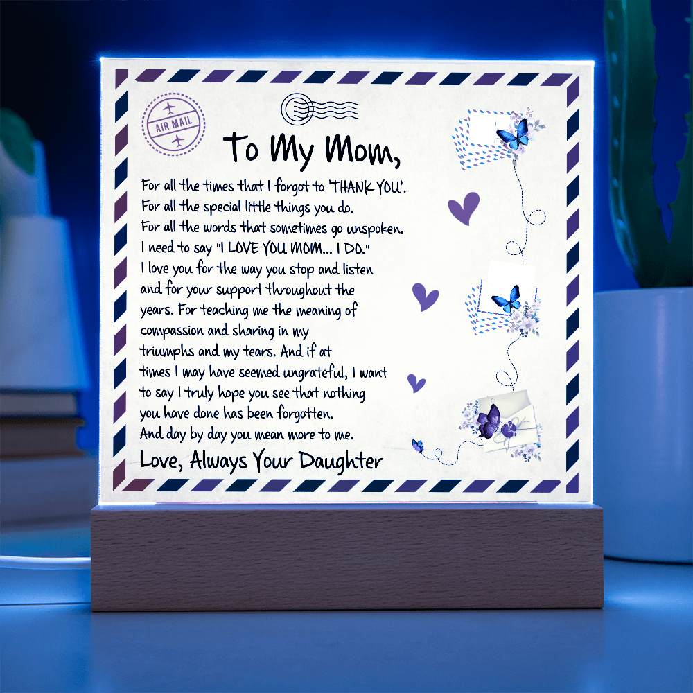 Elegant airmail-inspired Mother's Day plaque with a touching message, colorful butterflies, and a wooden light-up base.