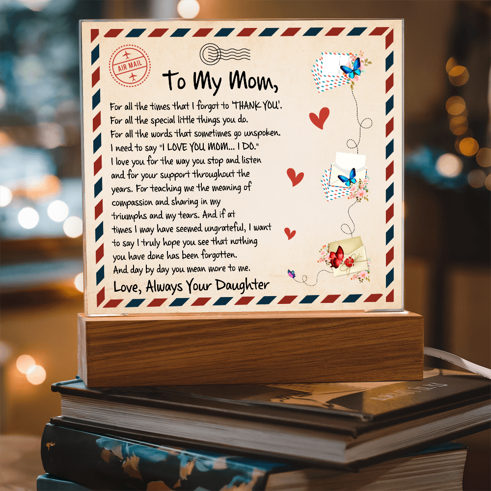 Vintage-style love letter to Mom on a decorative plaque with butterflies, hearts, and a warm wooden LED base.
