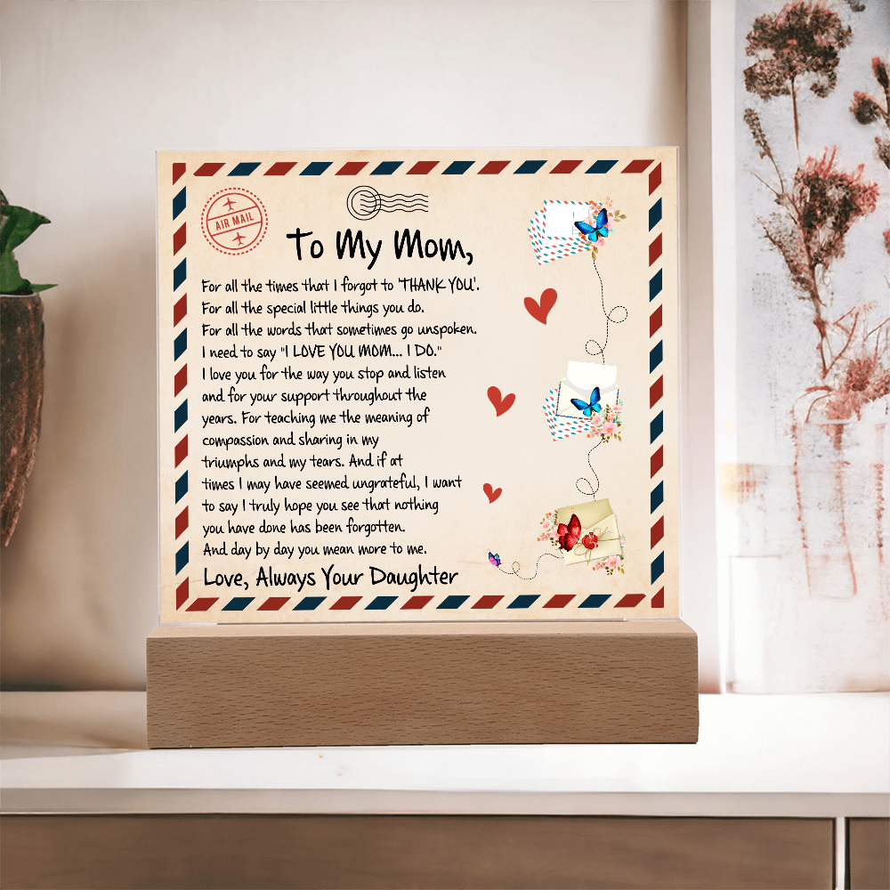 Vintage airmail-themed Mother's Day plaque with a heartfelt message, butterflies, and hearts on a wooden LED light base.