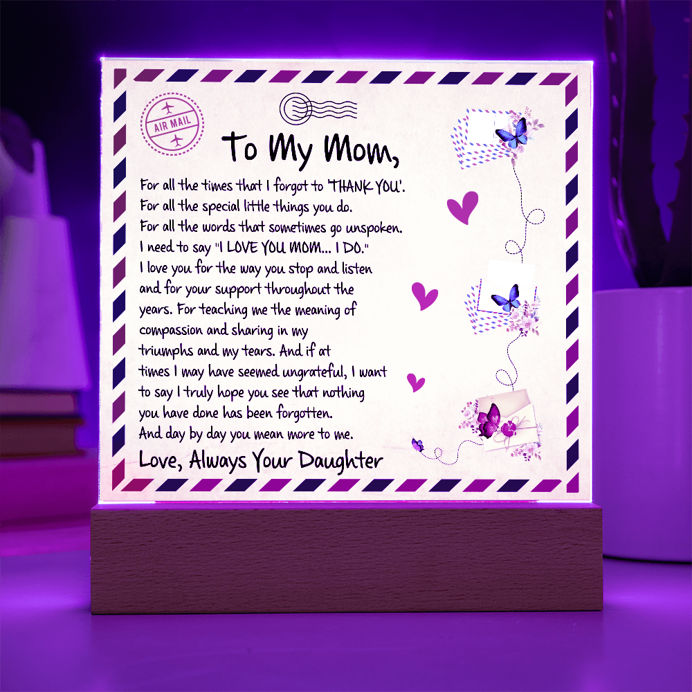 Mother's Day message on a decorative plaque with butterflies, hearts, and a warm wooden LED base.