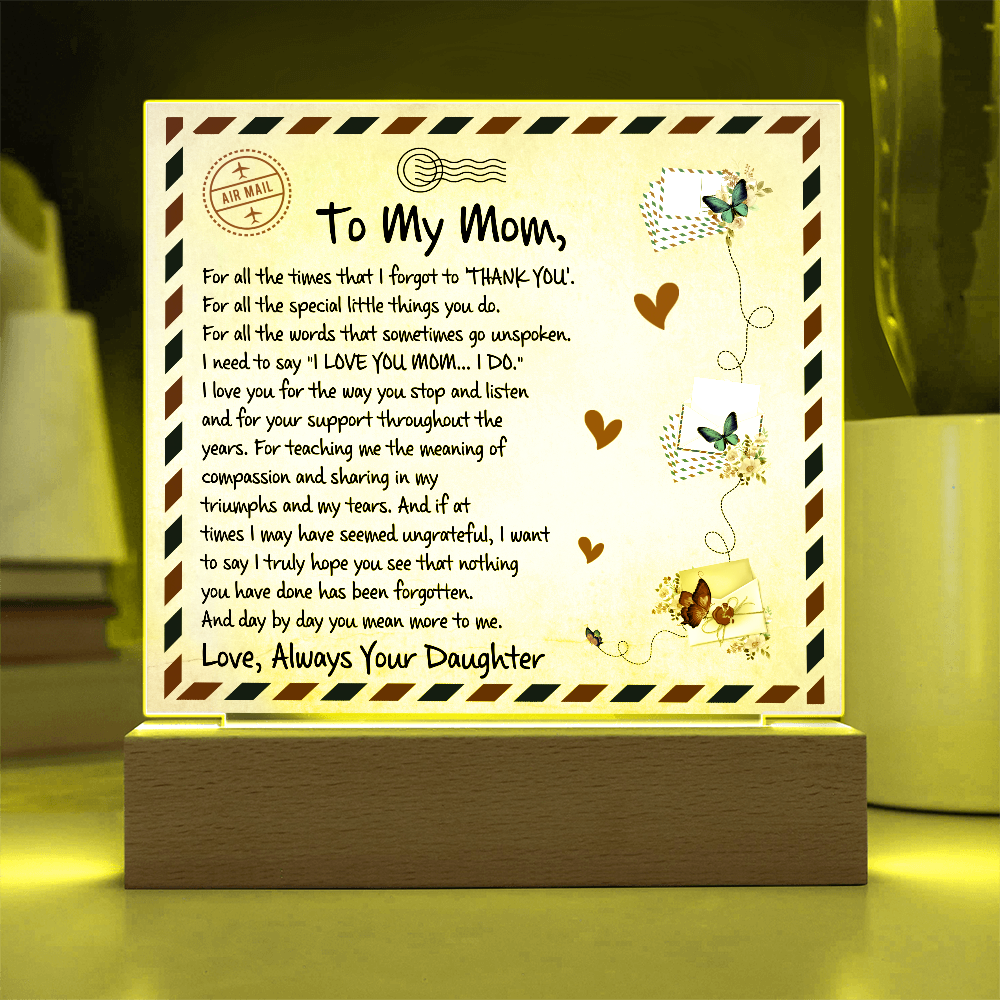 Mother's Day Acrylic plaque, featuring a loving message and wooden light-up base.
