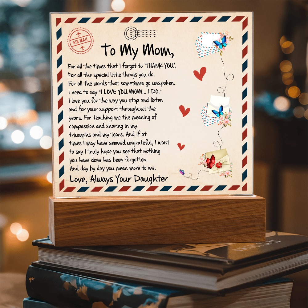 Mother's Day message card with an airmail design, featuring a loving tribute to Mom, butterflies, and a wooden LED base.